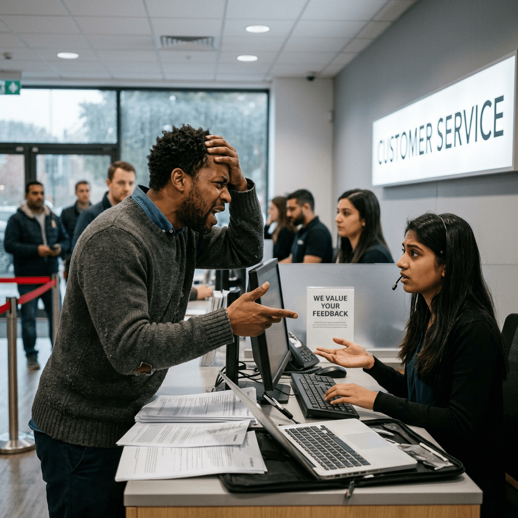 Frustrated man speaking to female customer service representative at service desk