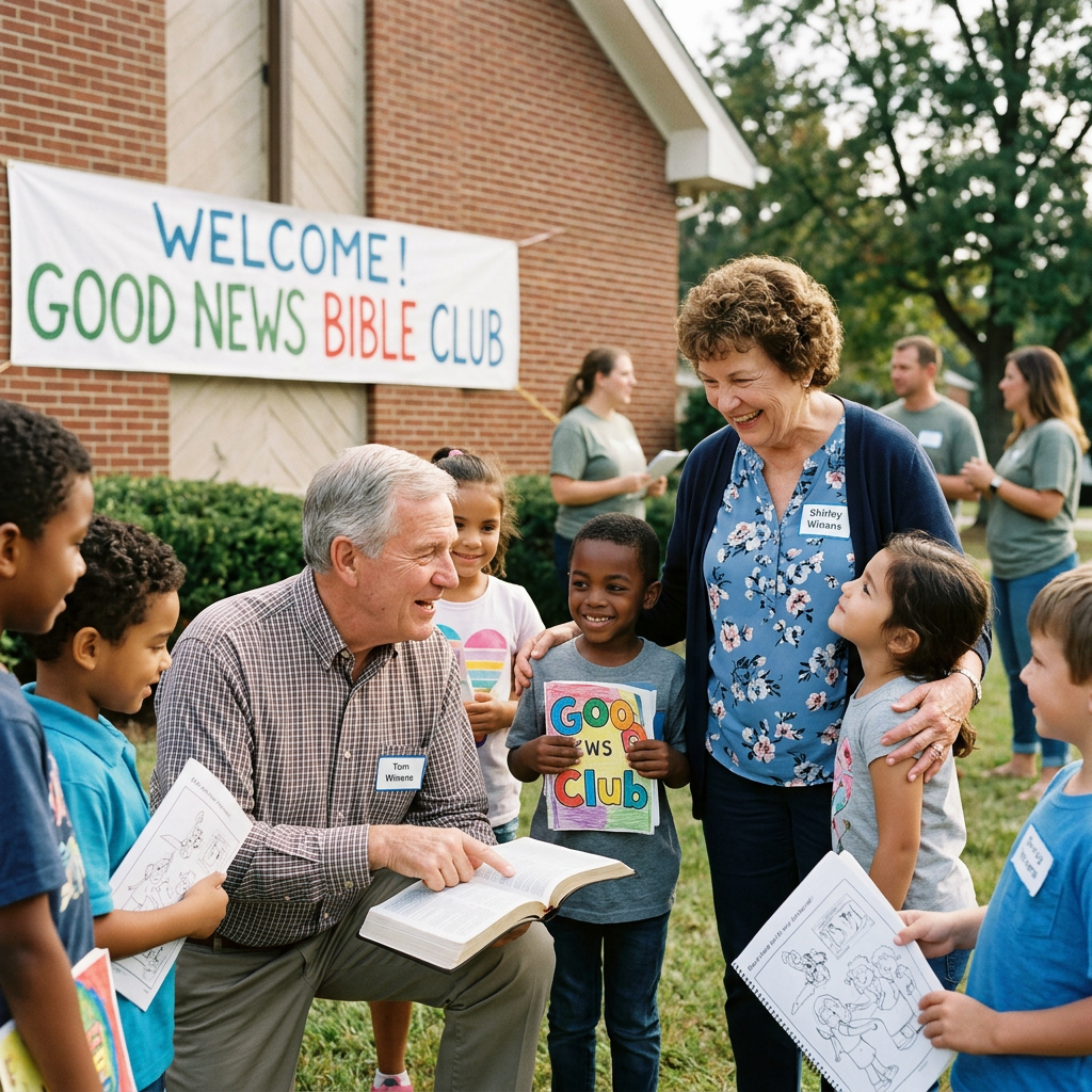 Children and volunteers gather outside a church for Good News Bible Club activities.