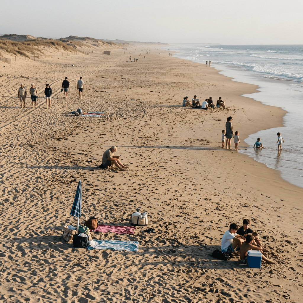 People relaxing and walking on a wide sandy beach beside gentle waves