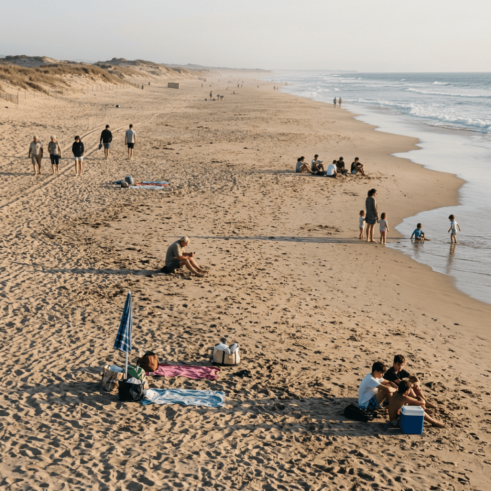 People relaxing and walking on a wide sandy beach beside gentle waves